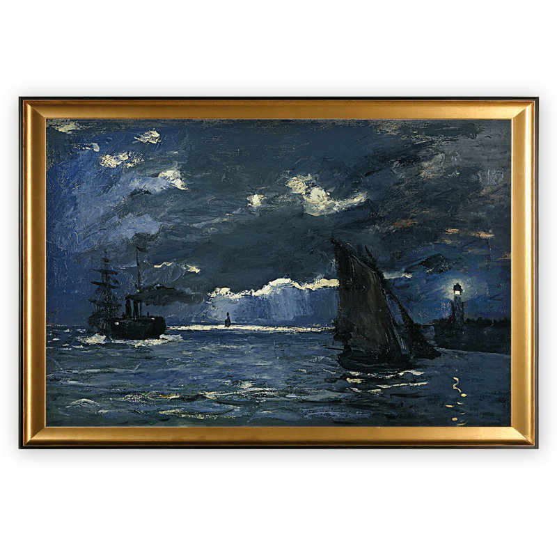 « seascape night effect », impression sur toile, Cadre doré, H 31 po x l 43 po x P 1,5 po, Blanc mat
