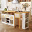 Meuble-bar mobile de style champêtre avec plateau extensible, éclairage DEL et prise électrique intégrée, casier à vin et portes en acrylique, fini bois clair et blanc-724124672