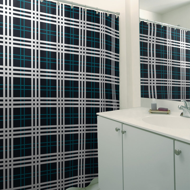 Rideau de douche simple à carreaux Jacksonville, Noir / bleu sarcelle / blanc