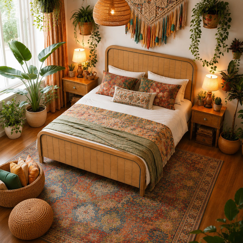 Lit plateforme en bois avec tête de lit et support à lattes, Grand lit, Chêne