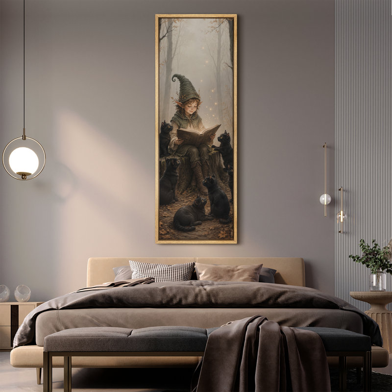 Illustration fantastique représentant une enfant sorcière et des chats noirs, tableau pour le salon, impression giclée sur toile encadrée