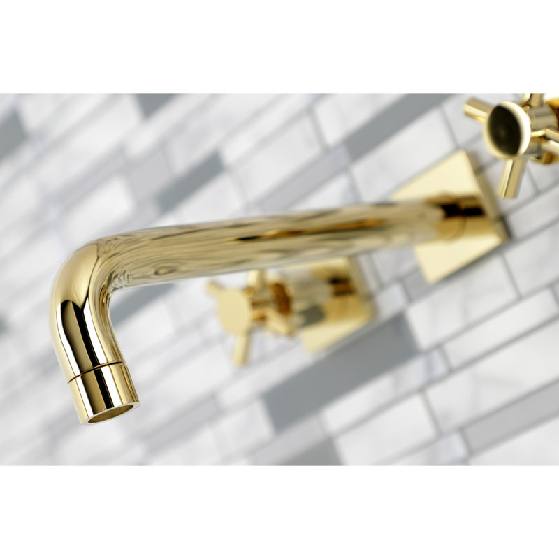 Kingston Brass Manhattan Two-Handle 3-Hole Wall Mount Roman Tub Faucet, Polished Brass, Cross