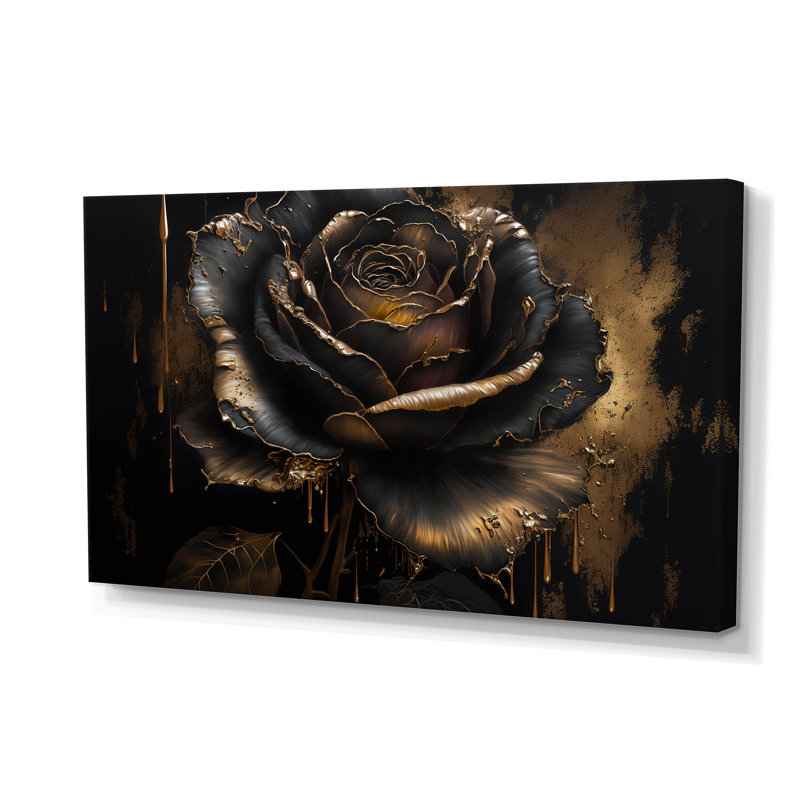 «Black and Gold Rose I», art mural sur toile floral et botanique
