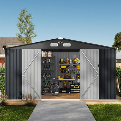 10x8FT Outdoor Metal Storage Shed with Lockable Door, Vents, Windows & Solar Light