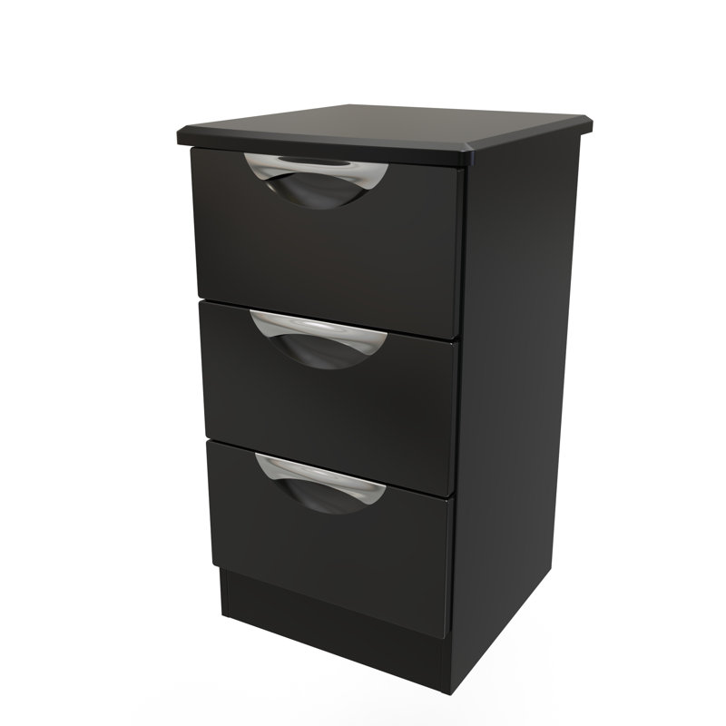 Fully Assembled Lebay 3 Drawer Bedside Table, Black, Black