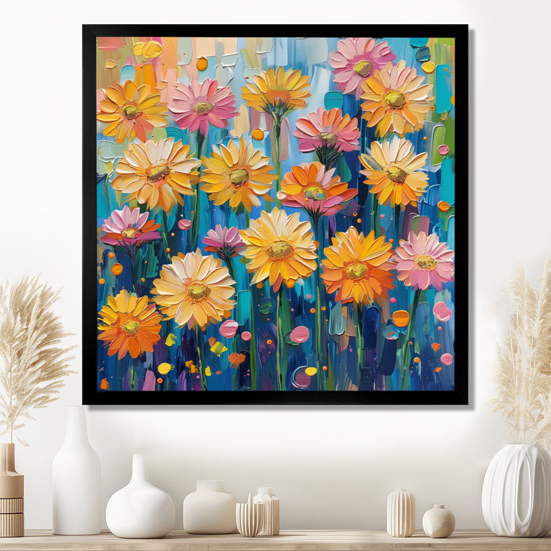 «Daisy» - art mural jaune, H 16 po x l 16 po, Cadre simple noir