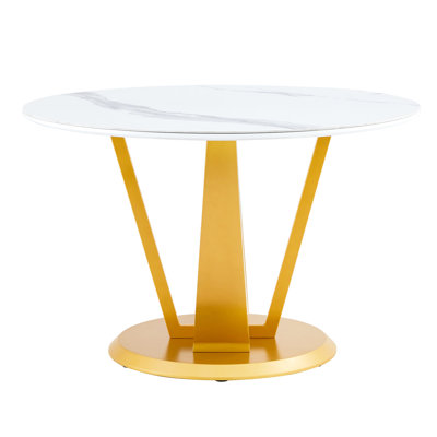 Table ronde moderne minimaliste de 48 pouces avec plateau blanc et pieds dorés pour une ambiance élégante