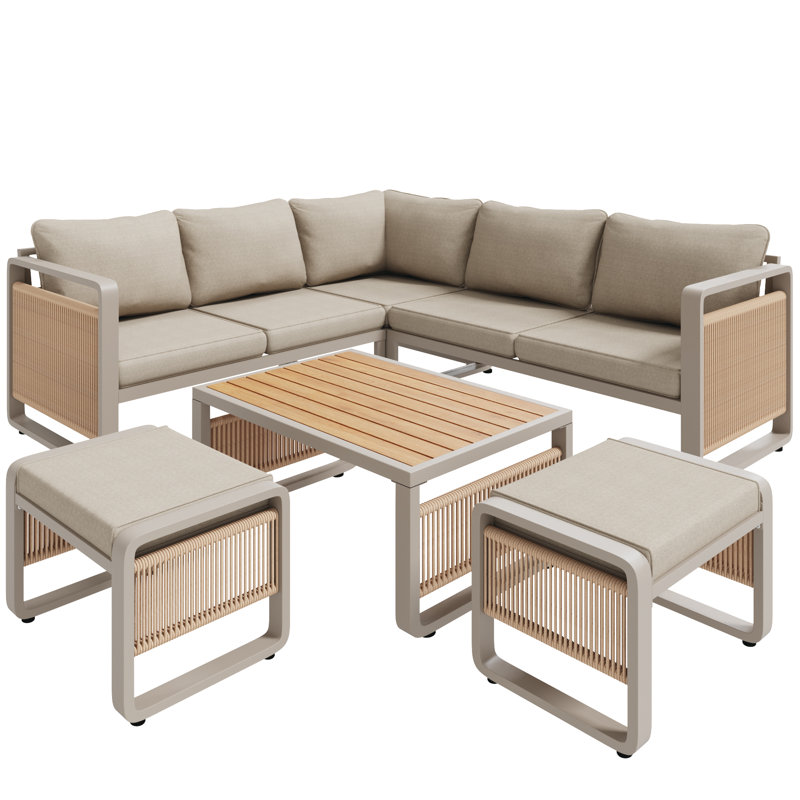 Outdoor Conversation Set 7 Places With 2 Sofas, 1 Corner Chair,2 Stools And 1 Coffee Table Beige