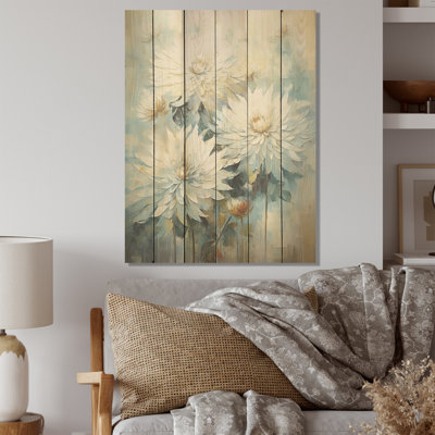 Blooming Mums in Beige and Blue I - Mums, art sur bois de pin naturel