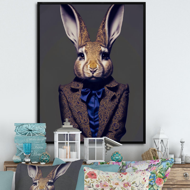 Fancy Rabbit In A Gray and Blue - Reproduction sur toile encadrée de lapin, H 32 po x l 16 po x P 1 po