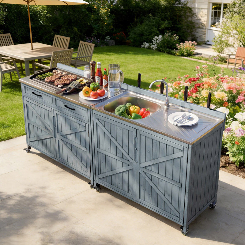 38.7''H 2 Piece Outdoor Kitchen Island Modular Solid Wood Set Bar Cart With Stainless Steel Top, Gray