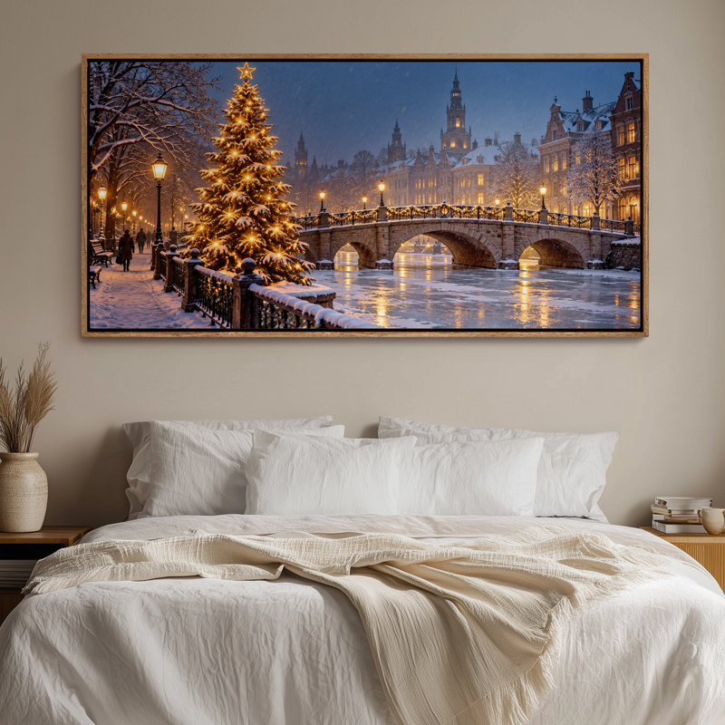 " Large Framed Canvas Wall Art - Christmas Tree Snowy City Bridge Decor - 60"x20", 60"x30" ", H 30 po x l 60 po, Natural