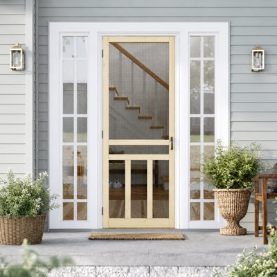 32"x 80" H Soft Close Hinge Pine Wood Exterior Screen Door (Paintable), Insect-Resistant, Kid- and Pet-Friendly, Includes Screen Door Handle