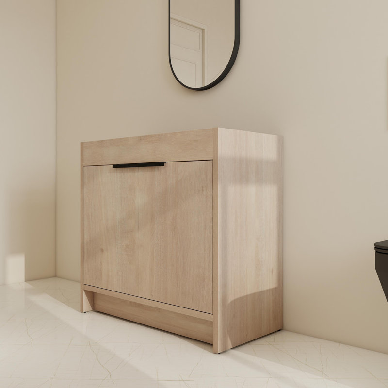 36" Free-Standing Single Bathroom Vanity Base With Adjustable Shelf, PlainLight Oak
