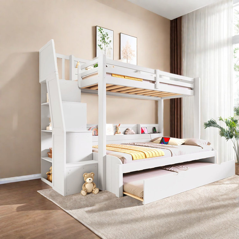 Lit superposé simple au-dessus d'un lit double avec rangement et lit gigogne en bois massif, design moderne pour la famille