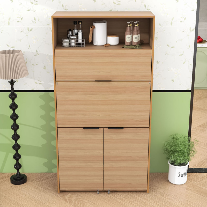 Garde-manger compact avec huche, poste de travail pliable, tablette réglable et prise de courant, Naturel