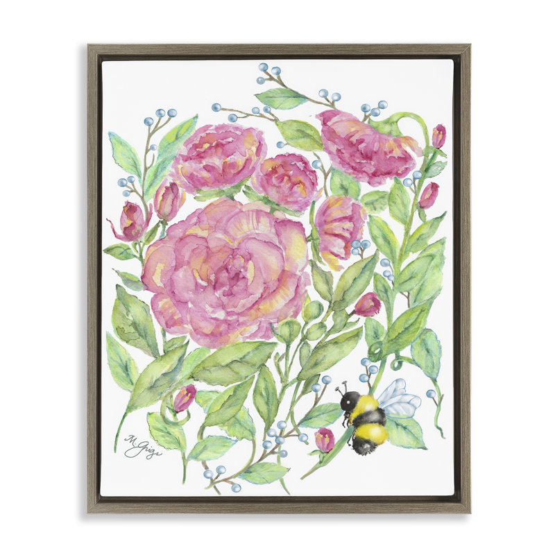 Cadre flottant pivoine et bourdon, design Maureen Grigs, H 31 po x l 25 po, Montalcino orme flottant encadré