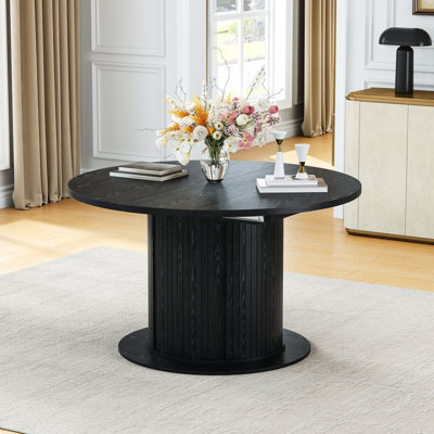 Modern 47" To 63" Expandable Round-To-Oval Dining Table With Fluted Pedestal Storage Cabinet And Reinforced Metal Frame