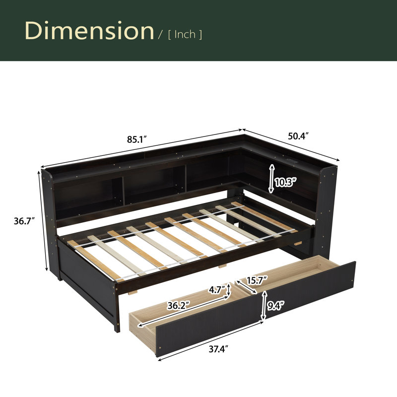 Lit en forme de L avec bibliothèques avec prises de courant, ports de chargement USB, deux tiroirs, Lit simple, Espresso