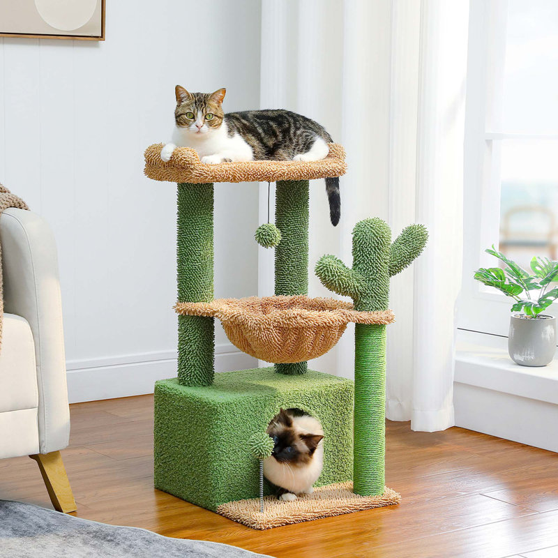 Green and Beige Multi-Level Cat Tower with Hammock and Condo