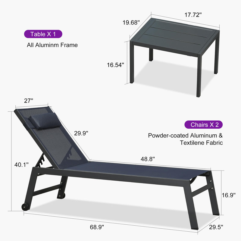 Outdoor Oversized Patio Chaise Pool Lounger Aluminum Frame With Side Table And Wheels, Navy Blue