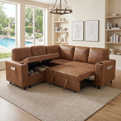 Foil Fabric L-Shaped Sectional Sofa Bed with Pull Out Sleeper, Storage Chaise, Cup Holders and Side Pockets, Convertible Corner Couch for Living Room