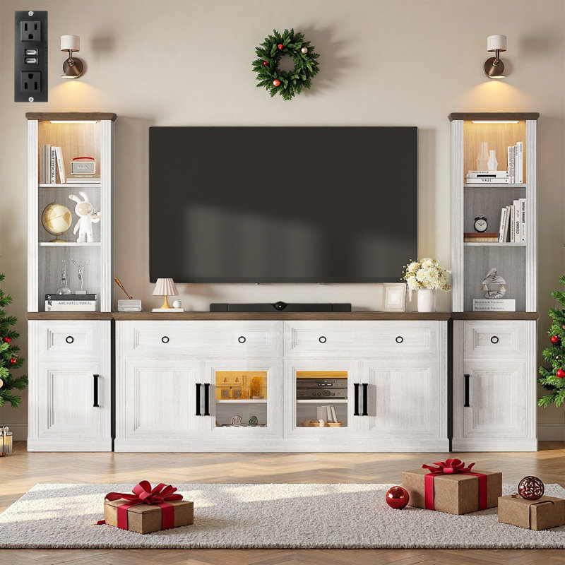 Farmhouse 3-piece Tv Stand With Bookshelves, Charging Station And Led Lights For Tvs Up To 75”, Studio Wall Unit Modern Entertainment Center With 4 Drawers And Storage Cabinets,tv Console Table Set For Living Room, Bedroom