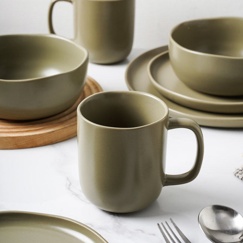 Olive Green Ceramic 32-Piece Dinnerware Set with Variegated Glaze