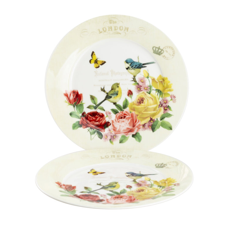 Assiette plate en porcelaine tendre 10,5 po Rose Bird