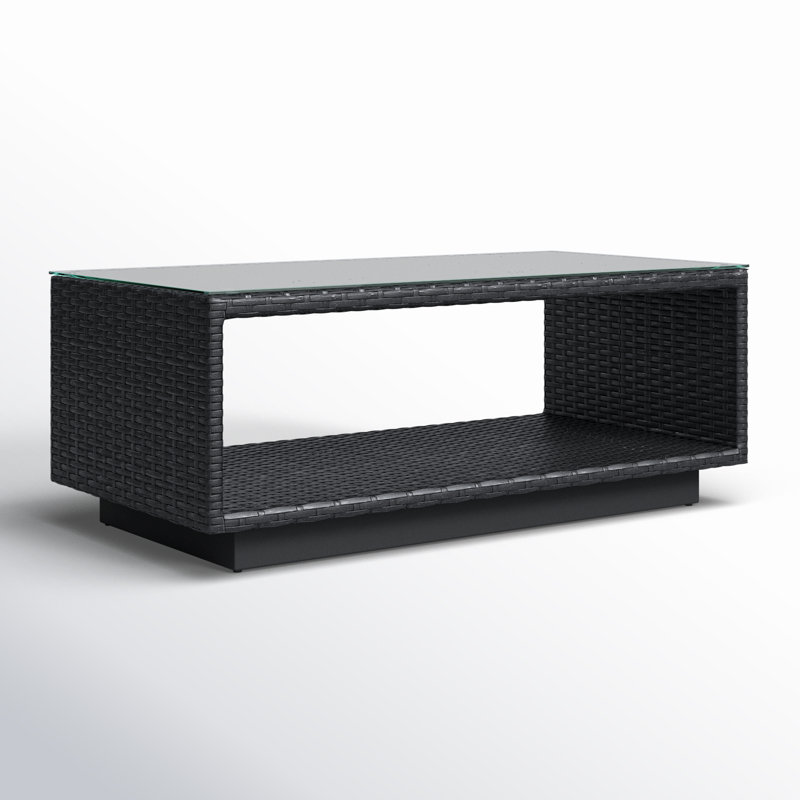 Aceline Wicker Outdoor Coffee Table with Glass Top and Shelf