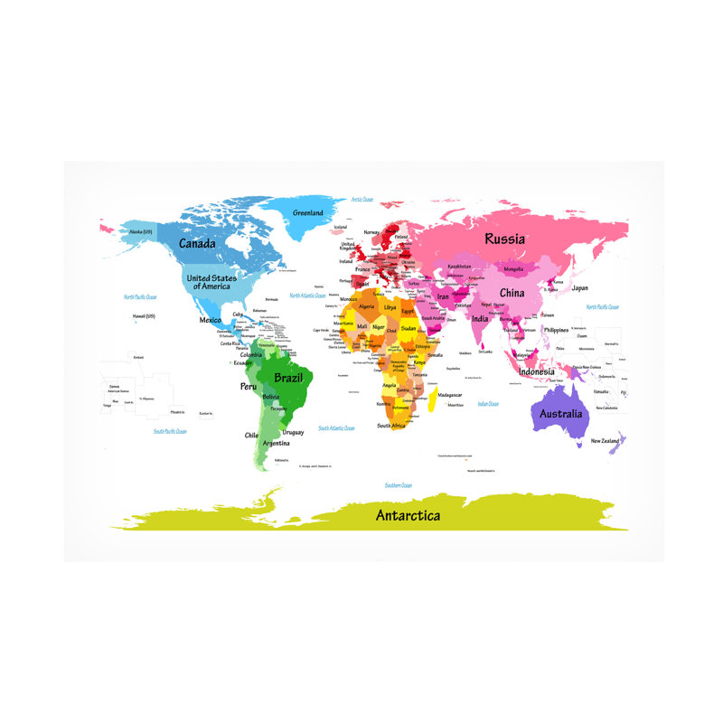 Art mural sur toile tendue - «World Map for Kids II» de Michael Tompsett pour décoration de salon, de chambre à coucher ou de bureau - 16 x 24