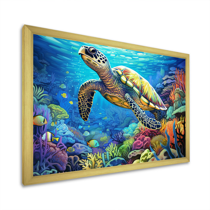 «Blue Sea Turtle World» - art mural corail sous l'eau, Cadre doré, H 12 po x l 20 po x P 1 po