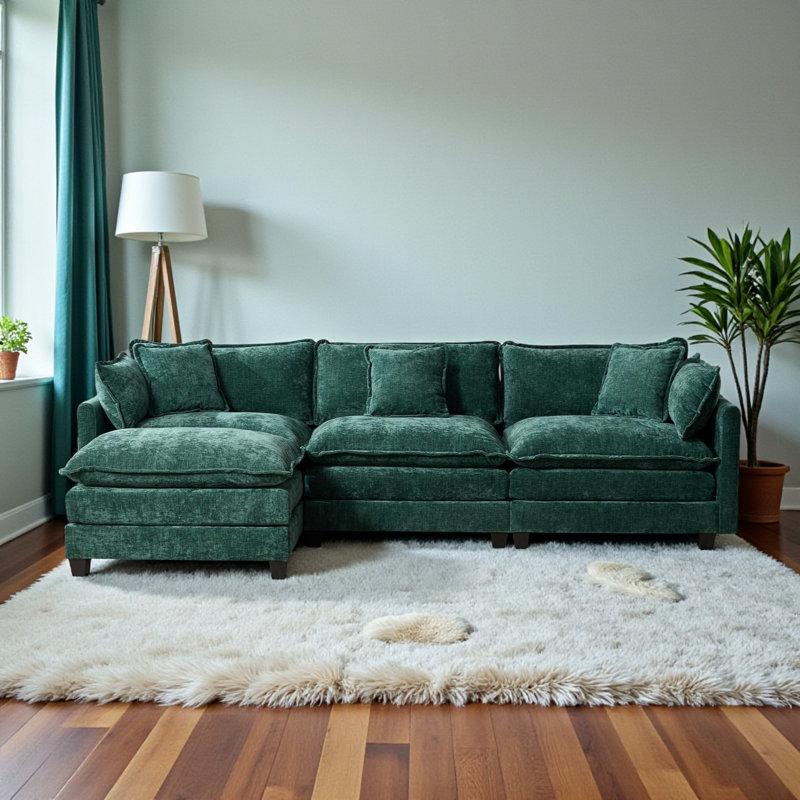 Geneveve 113.8"W Chenille Upholstered Sofa With Ottoman, 5 Compressed Pillows & Compressed Foam Cushions, Green Chenille