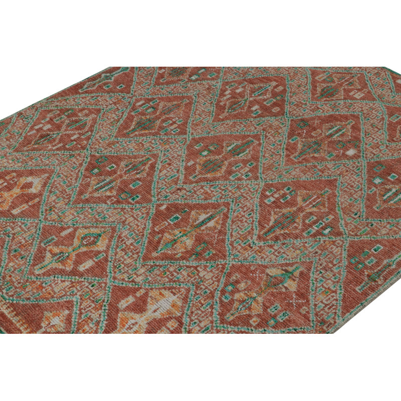 Moroccan Hand Knotted Geometric Area Rug in Red, Green, Orange, Teal, Rectangle 6' x 8'