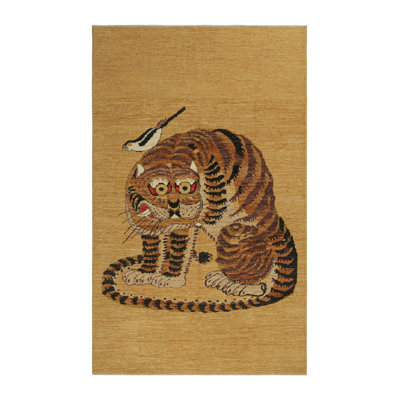Rug & Kilim’S Tiger Rug With Gold, Beige-Brown & Rust Pictorial