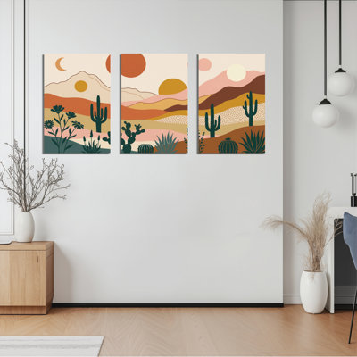 Ensemble de 3 tableaux sur toile représentant un paysage désertique avec cactus et montagnes