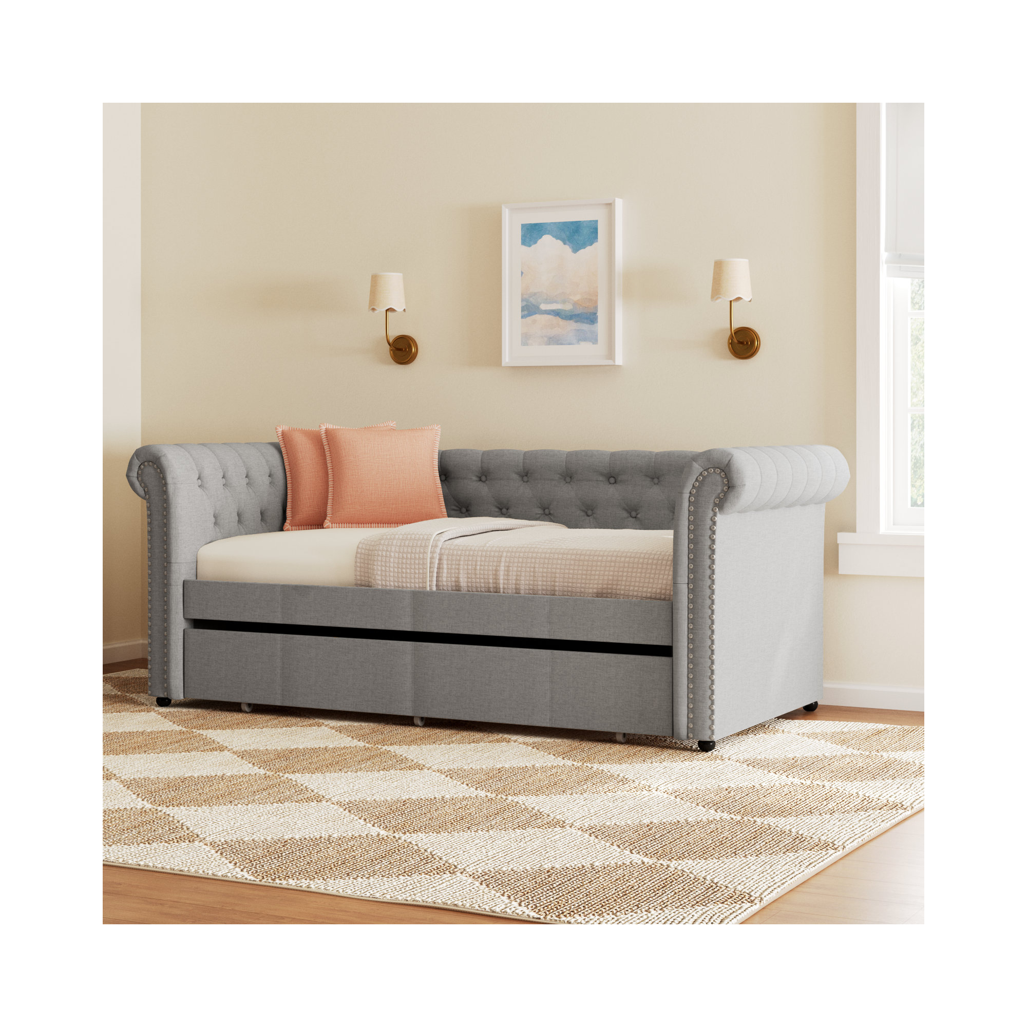 Mynard Upholstered Daybed with Trundle - Twin, Gray
