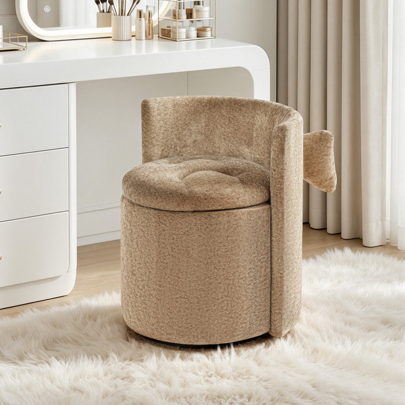 Tabouret de coiffeuse en velours avec dossier et coussin confortable, fauteuil de maquillage pivotant à 360 ° avec rangement caché pour la chambre à coucher, la commode, le salon, le kaki