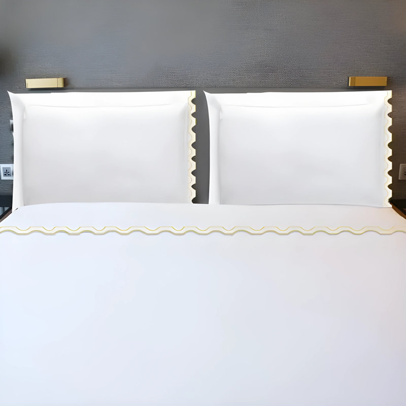 400TC Zig & Zag U Shape Scallop Embroidery Cotton 4 Piece Sheet Set Fitted Sheet Fits Upto 16" Deep Pocket, King Sheet Set
