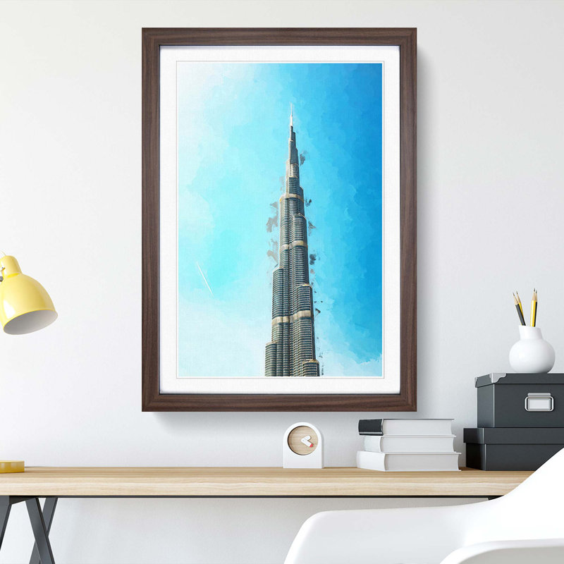 Point of the Burj Khalifa in Dubai in Abstract - Picture Frame Graphic Art Print, 60cm H x 40cm W x 2cm D, Walnut