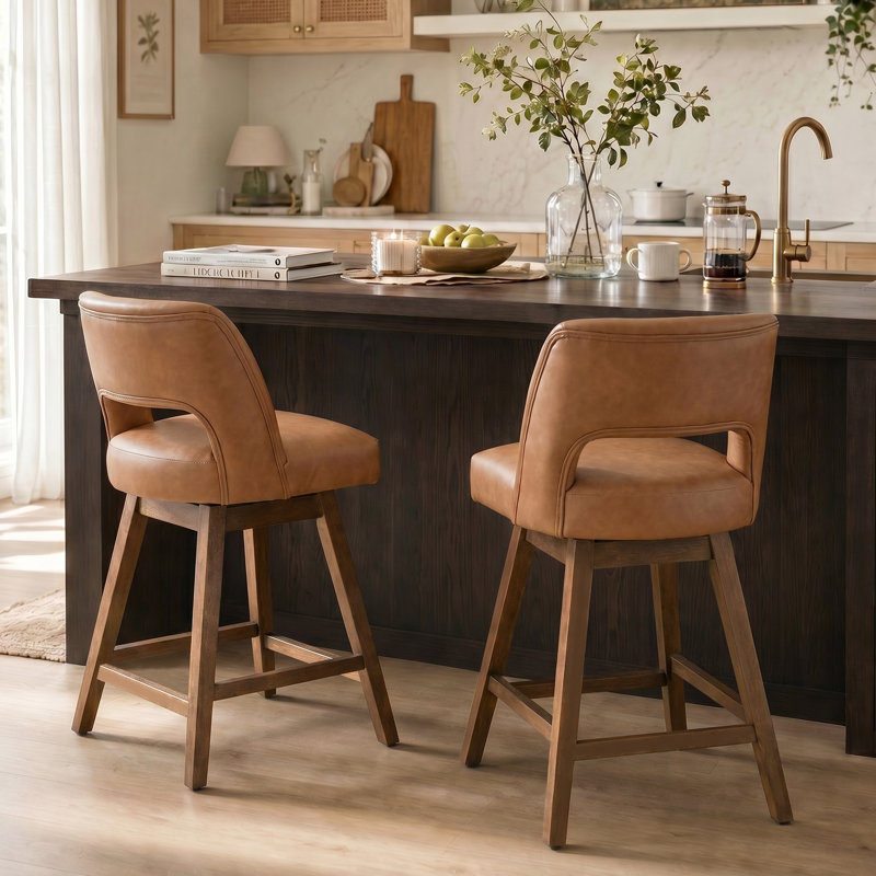 Tabouret de bar pivotant en similicuir Bisto, Finition noyer, Similicuir brun
