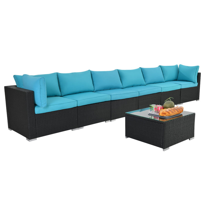 Siardus 110.2'' Wide Reversible Steel Patio Sectional with Cushions, Black, Blue