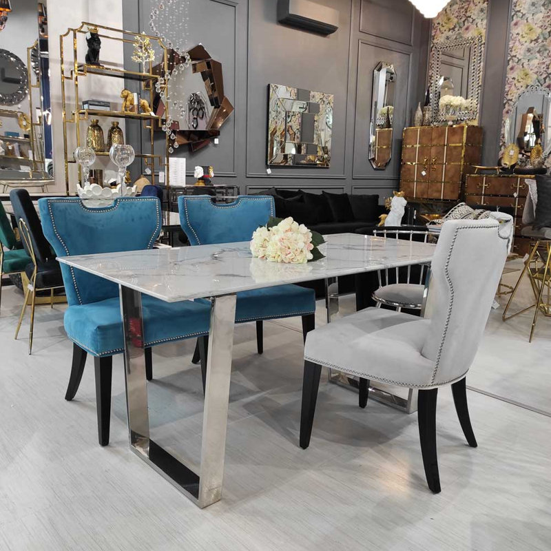 Motilal Faux Marble Top Metal Base Dining Table, 75"H x 160"L x 80"W, Silver, White