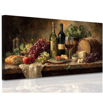 GUTTATY Wine Wall Art, Rustic Vineyard Still Life Painting Canvas Wall Decor, Earth Tone Wine Art Wall Decor, Serene Ambiance Wine Bar Prints for Kitchen Dining Room Living Room, 16x32 inches