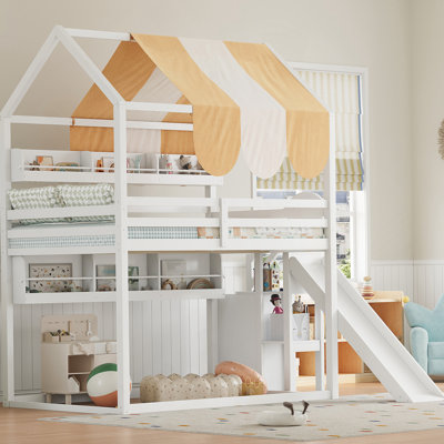 Full Size House Bed With Canopy, Slide & Built-In Bookshelves, White