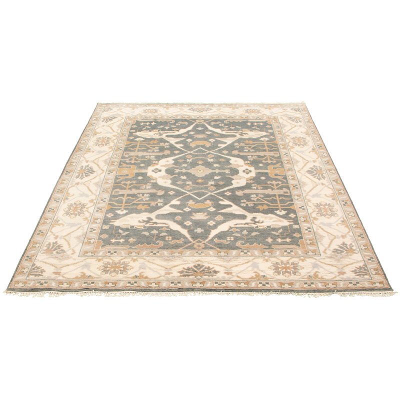 Tapis décoratif en laine gris foncé de conception unique 8 pi 3 po x 9 pi 9 po noué à la main New Age Ushak