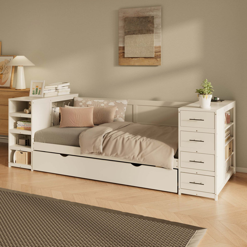 Wooden Daybed With Trundle And Side Shelves, Drawers, Storage Bed With Multi-Functional Desk And Charging Station