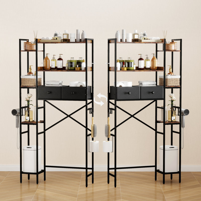 Over The Toilet Storage with 2 Drawers, 7 Tier Over Toilet Organizer with Height Adjustable Shelves and Hooks, Black/Brown