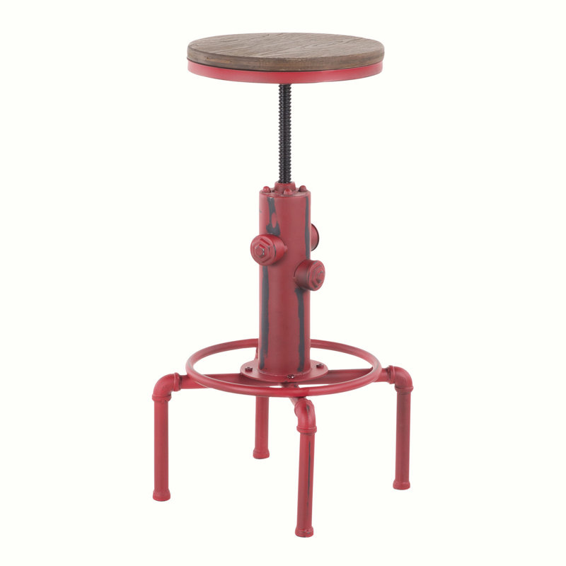 Tabouret de bar Zender Industrial en métal rouge rétro et bambou à grain de bois
