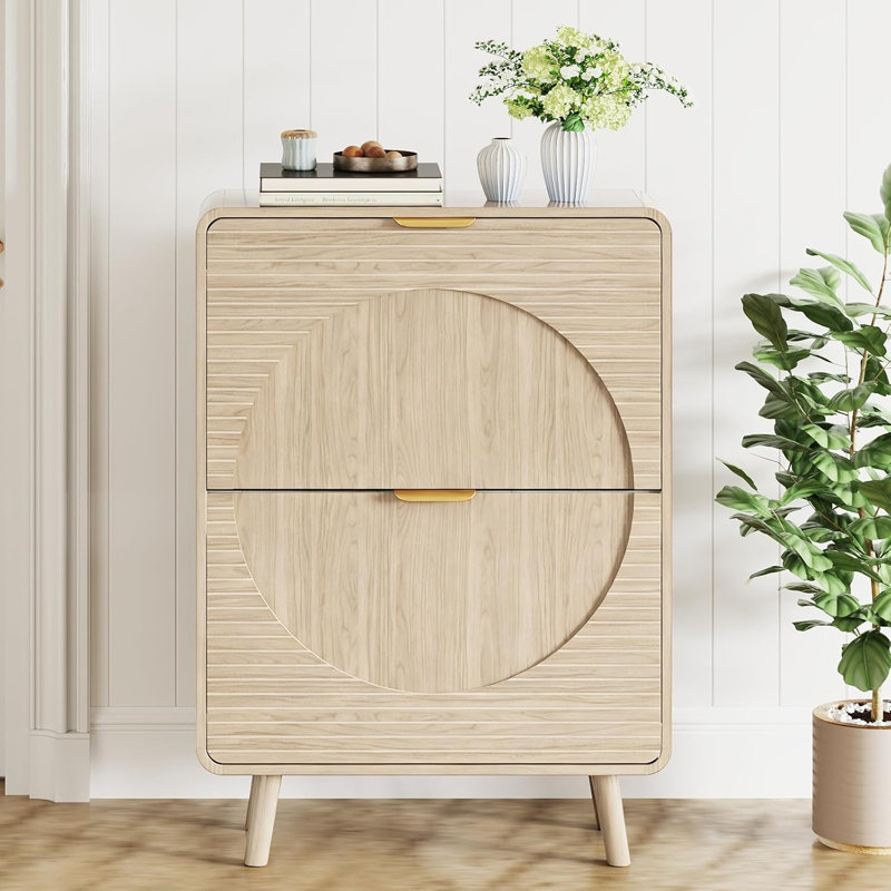 Wood Double-layer Drawer Shoe Cabinet, Enclosed Shoe Storage Unit with Fluted Drawers, 4 Legs and Anti-tipping Device, Suitable for Entryway, Hallway, Living Room